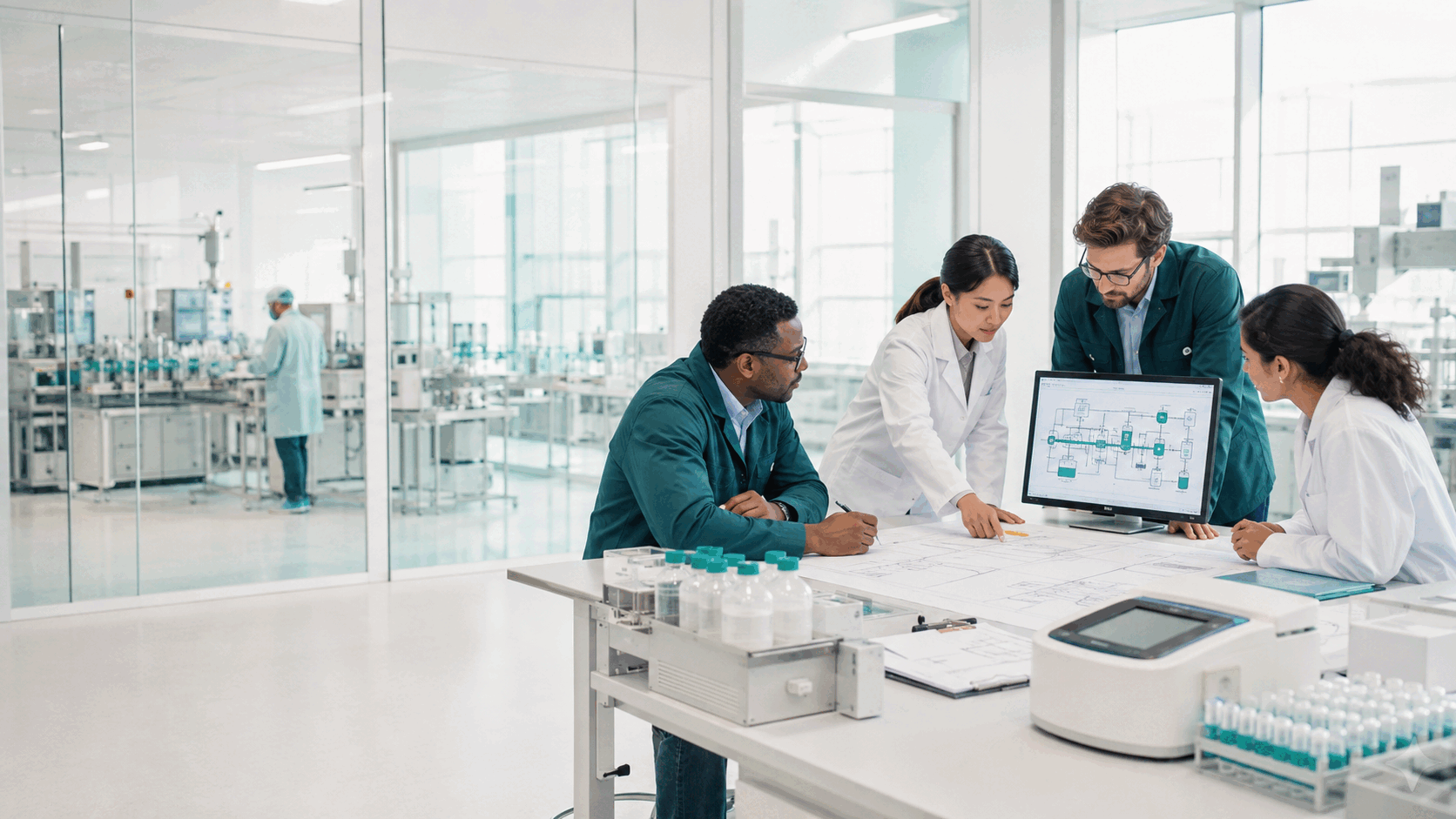Healthcare manufacturing engineers reviewing facility and process plans