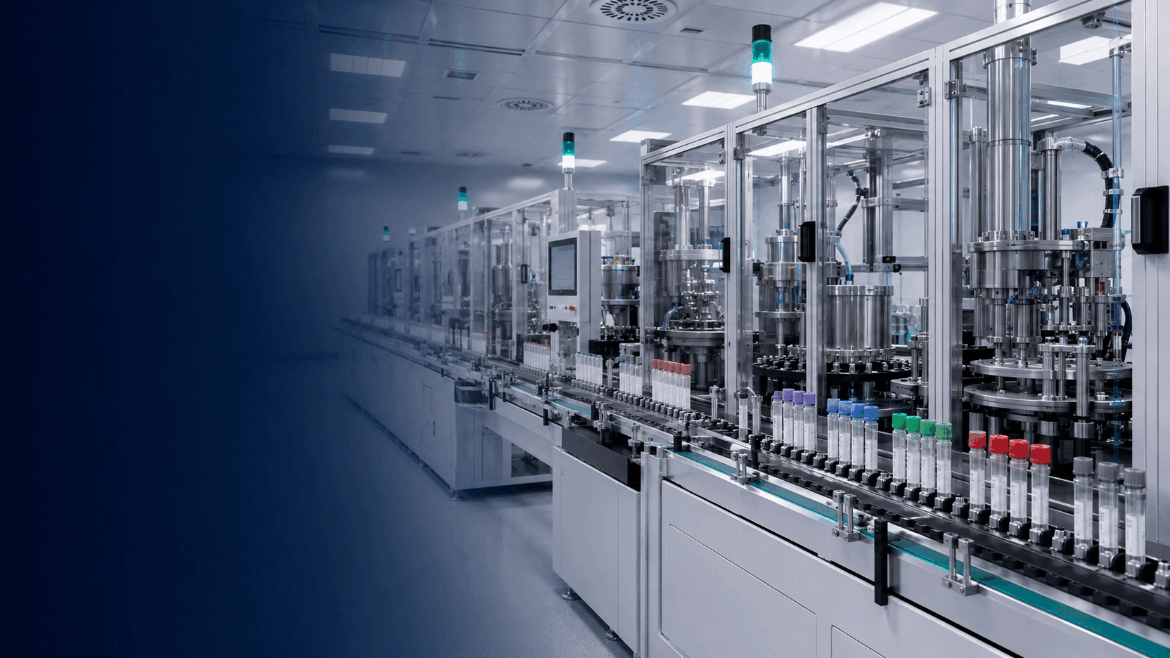Automated evacuated blood collection tube production line with additive dosing, vacuum closure, inspection and packaging inside a controlled cleanroom
