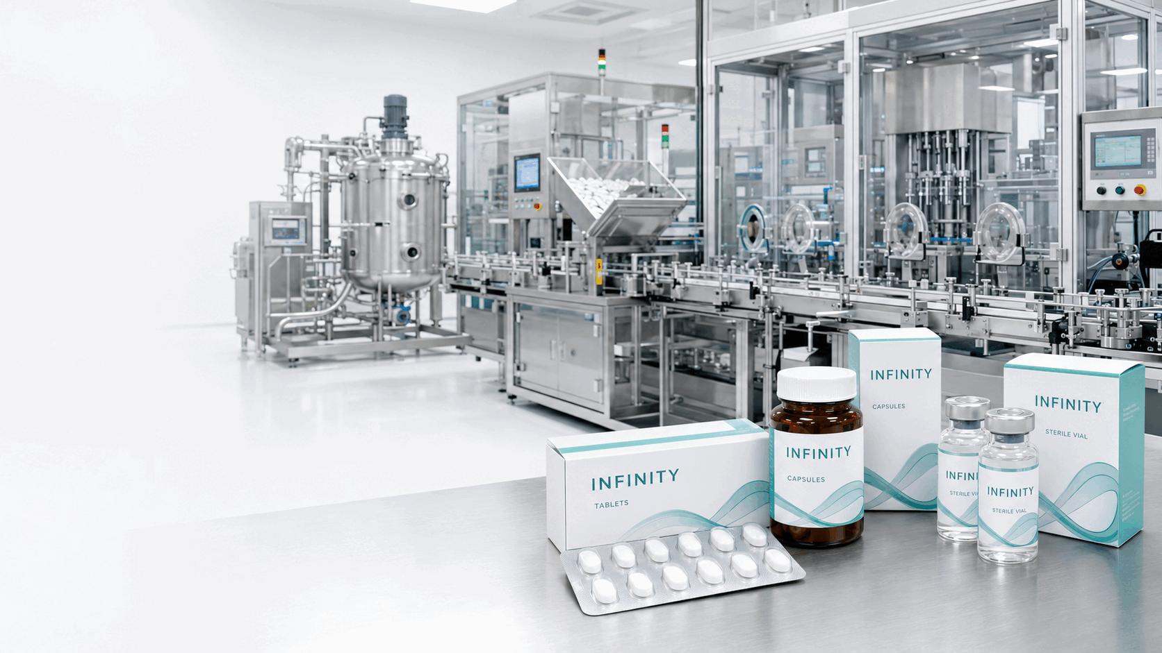 GMP pharmaceutical preparation, liquid filling, inspection and packaging facility with controlled production suites