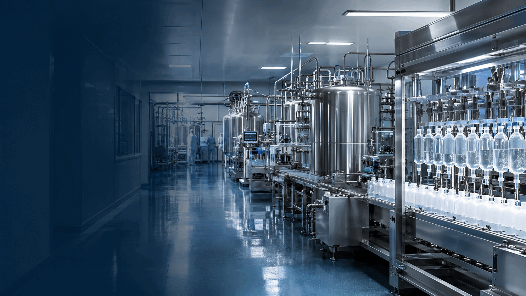 Sterile intravenous solution production facility with compounding vessels and automated flexible-bag filling line